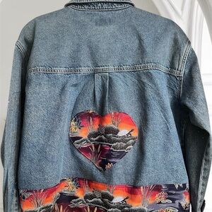Upcycled Denim Jacket | Pond Print Hem + Back Heart | Snap Front | Oversized S/M